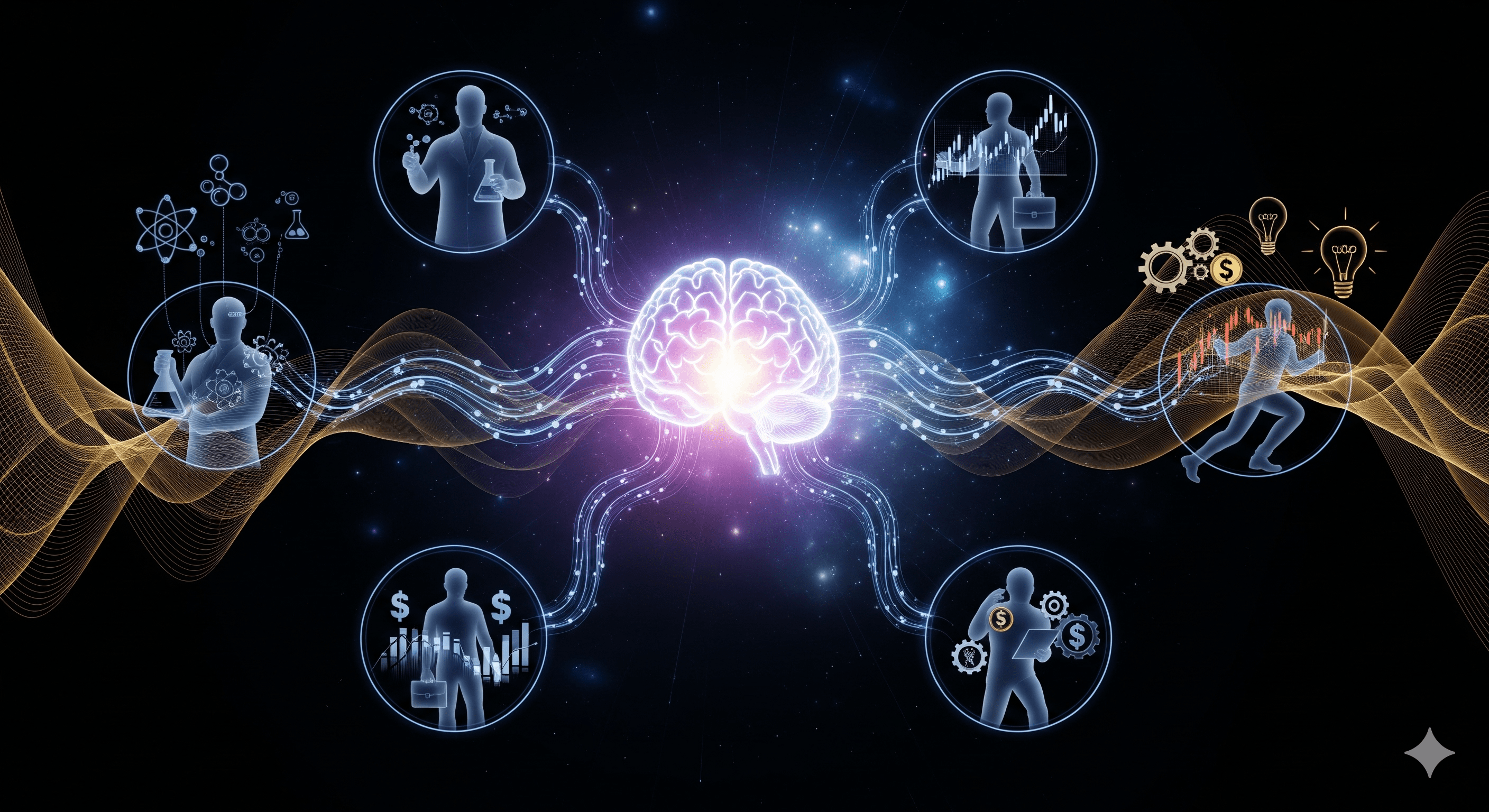 A council of diverse, holographic expert figures debating around a glowing table, representing compound intelligence.