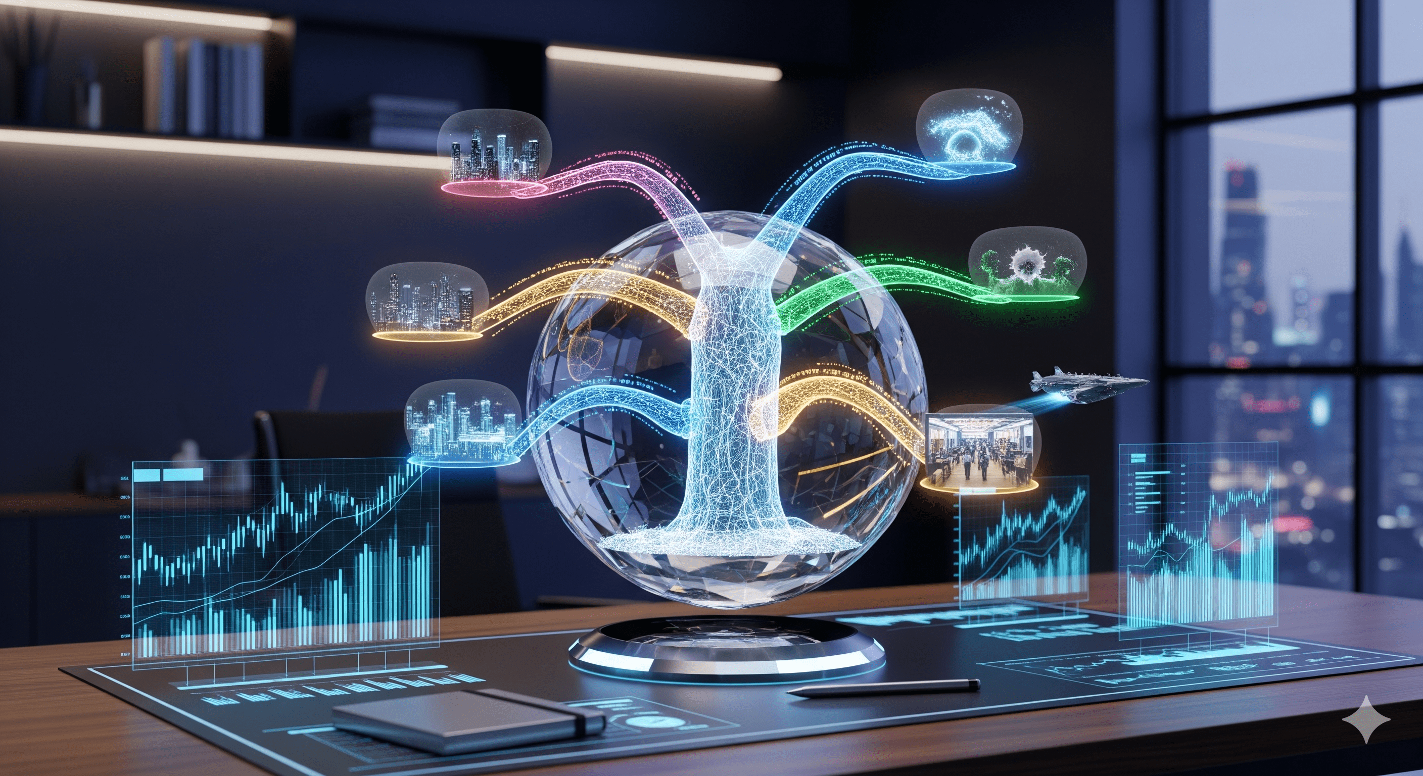 Futuristic crystal ball containing multiple timeline paths branching out like a tree, with mystical yet professional aesthetic.