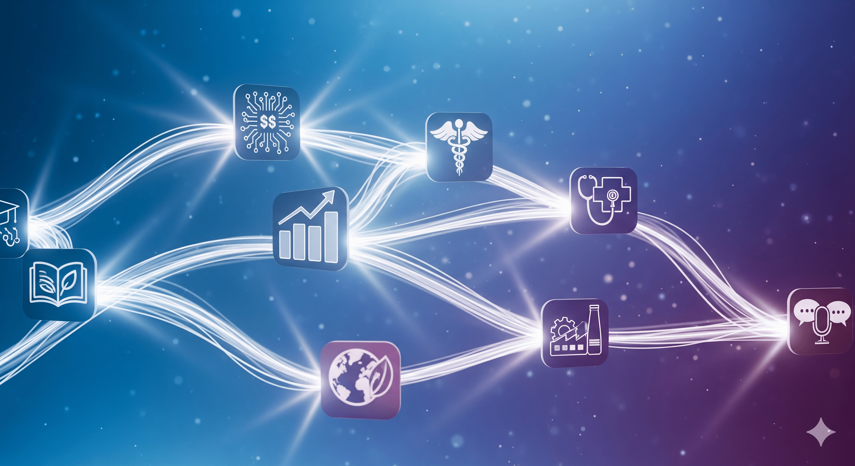 Abstract visualization of ideas connecting across different industries with bridges of light.