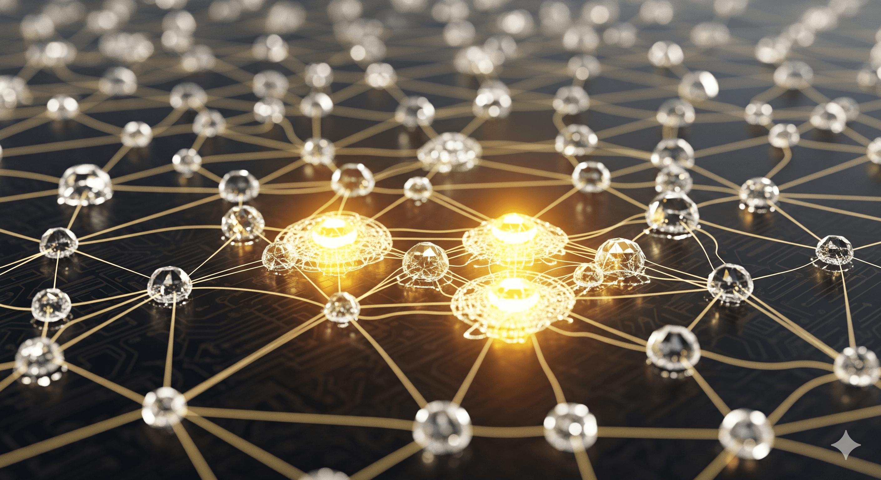 Intricate geometric network diagram with nodes and connections, with some areas glowing gold.