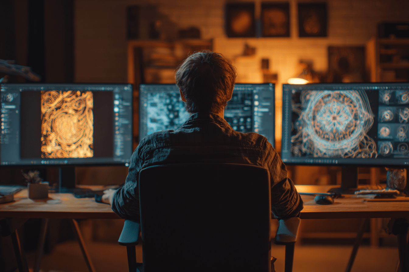 Eric Barker working at his computer, illustrating his personal journey of pivoting his career with AI.