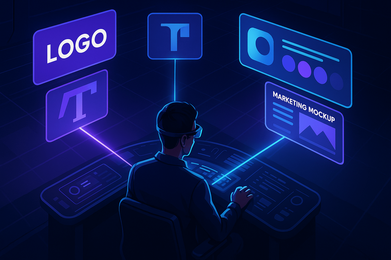 AI-powered branding concept showing a robotic hand creating a logo.