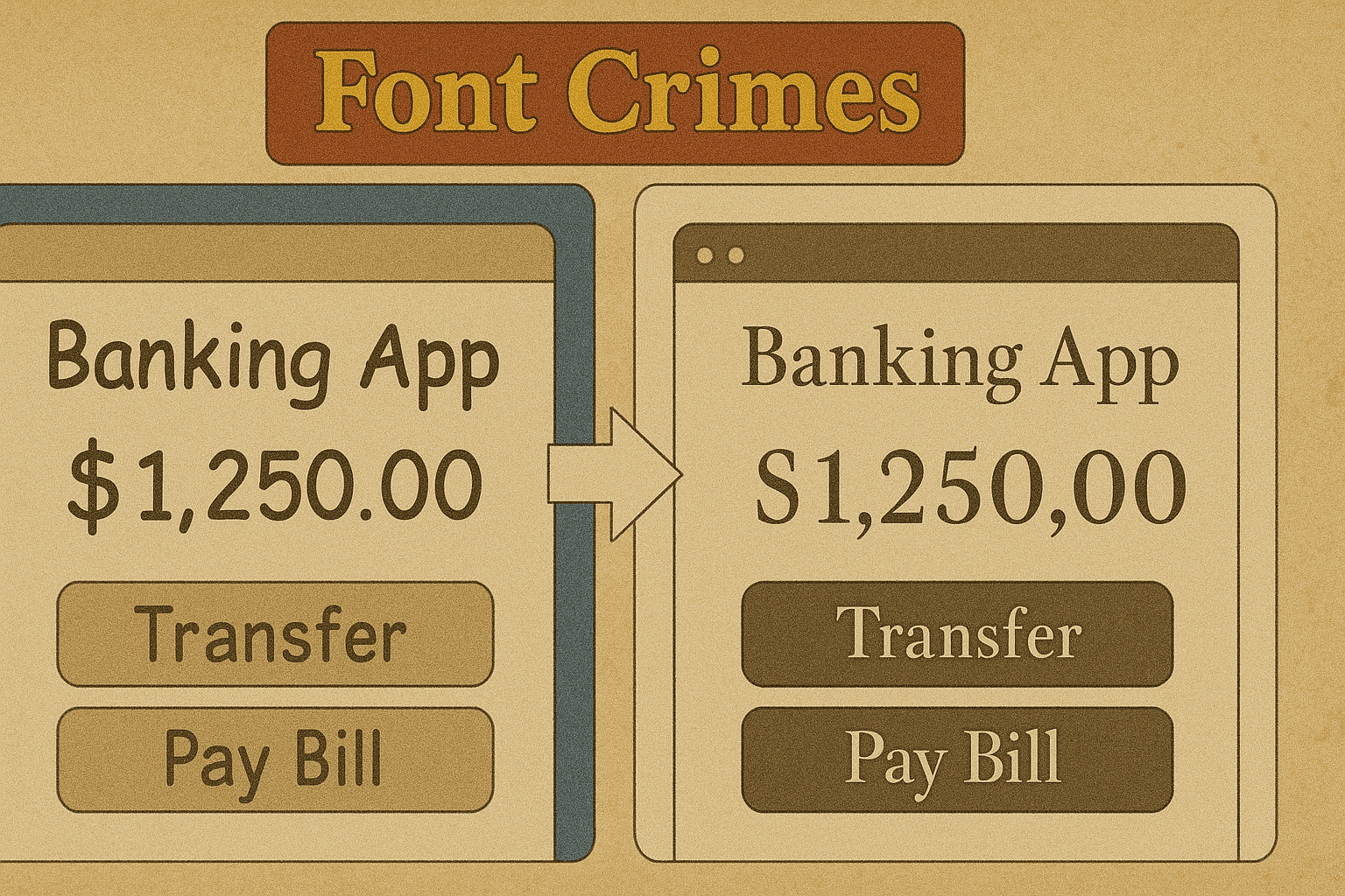 An example of poor font choice in UI design, showing hard-to-read and inappropriate typography for a brand.
