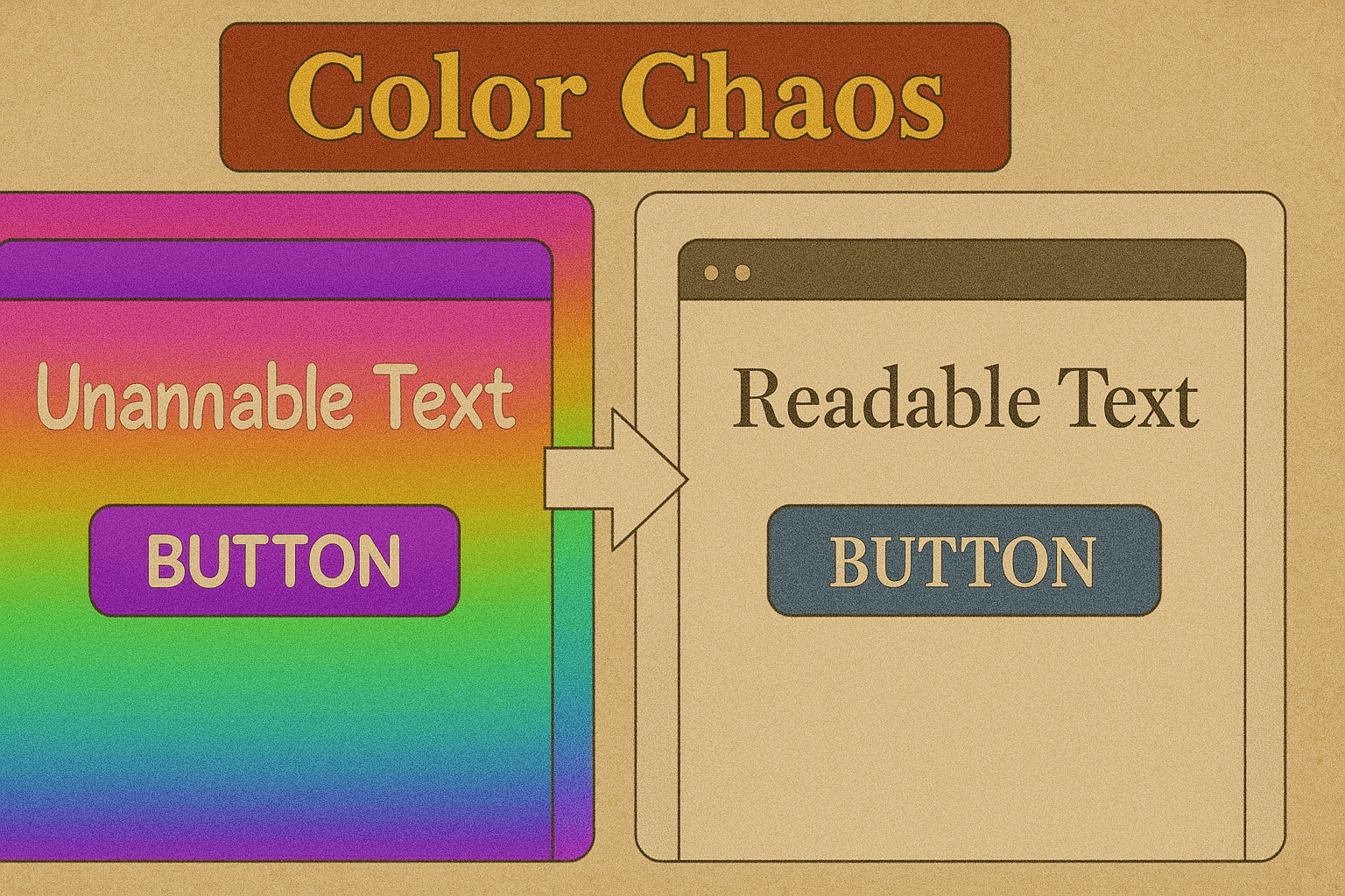 A chaotic and clashing color palette that makes text difficult to read, demonstrating poor color contrast in UI.